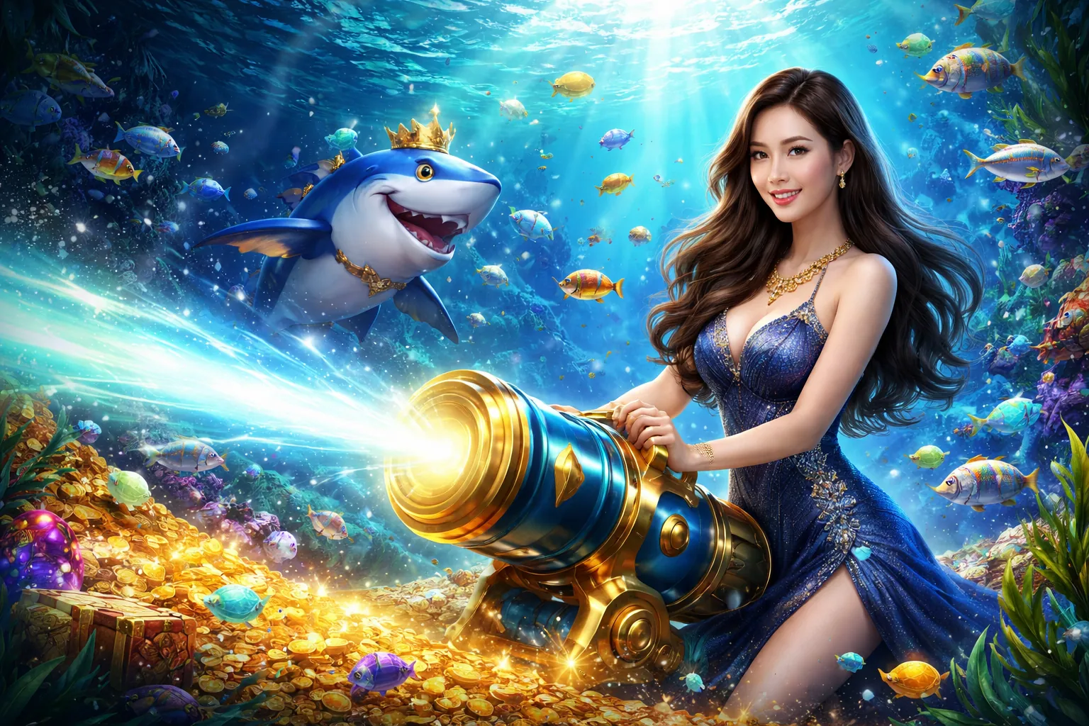 Hình ảnh trò chơi bắn cá hi88vip6 với cá vàng và kho báu