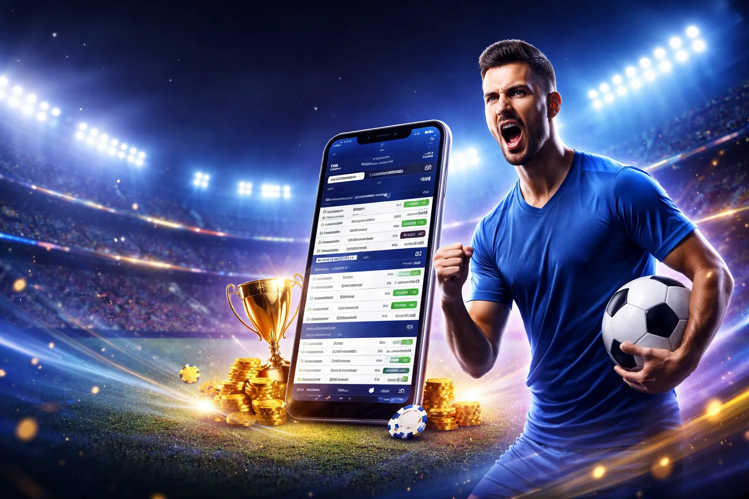 Hình ảnh sân vận động sôi động với các biểu tượng cá cược thể thao và logo hi88vip6